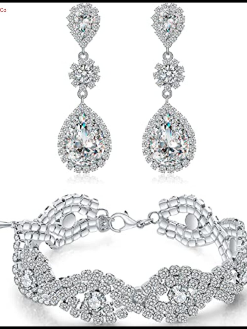 Austrian Crystal Dangle Drop Earrings Tennis Bracelet Set, Silver Plated,